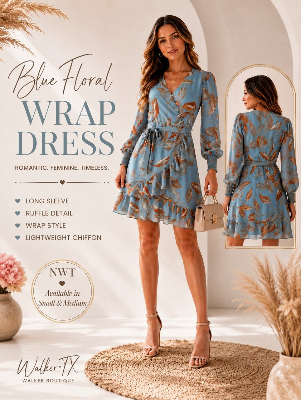 Blue Floral Wrap Dress | Long Sleeve Ruffle Mini | Feminine Romantic | NWT Small